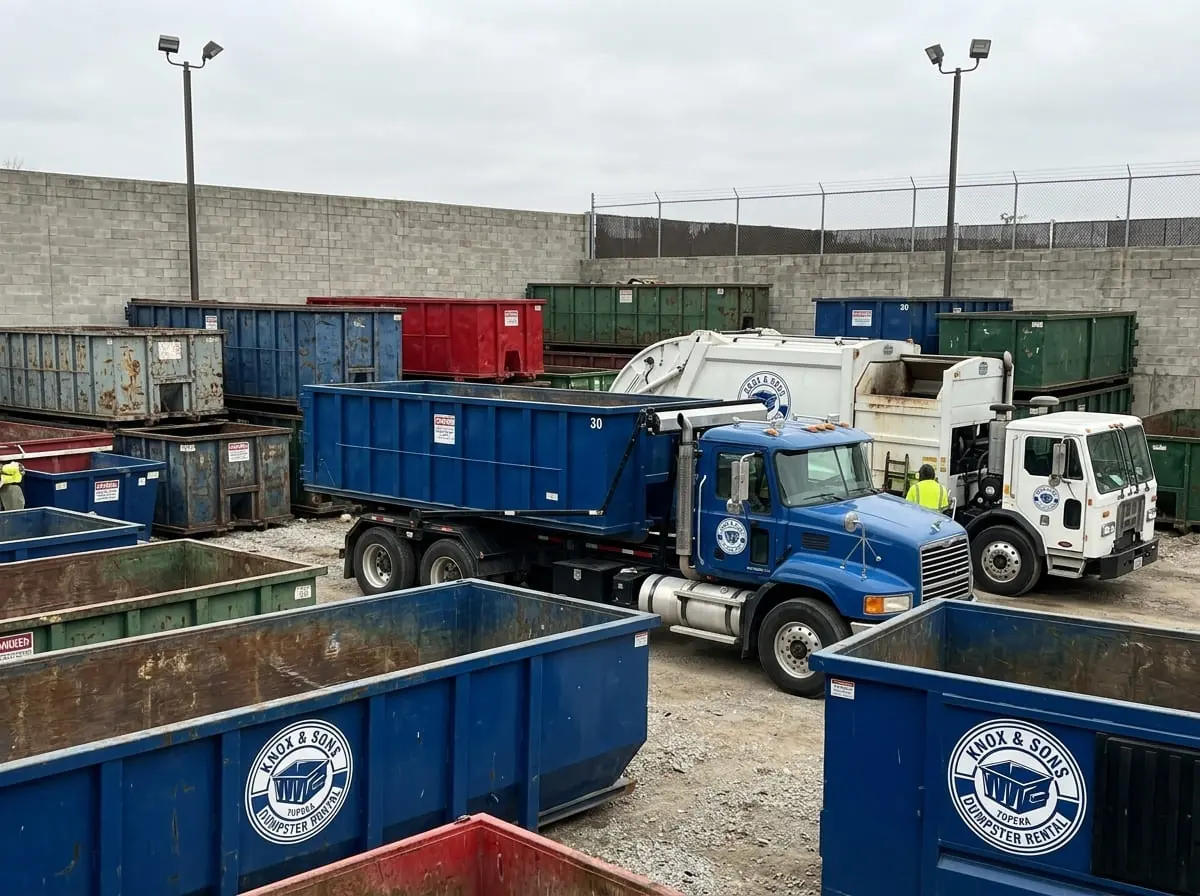 Kansas disposal rules and dumpster loading Roll-off dumpster staged in the Knox & Sons yard for proper disposal in Topeka, KS