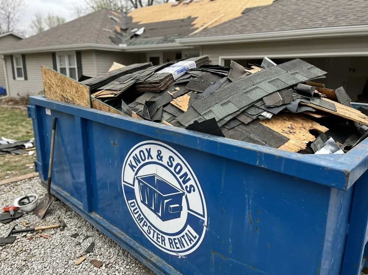 Loaded roll-off dumpster and tonnage weight Roll-off dumpster loaded with roofing and renovation debris near Topeka, KS